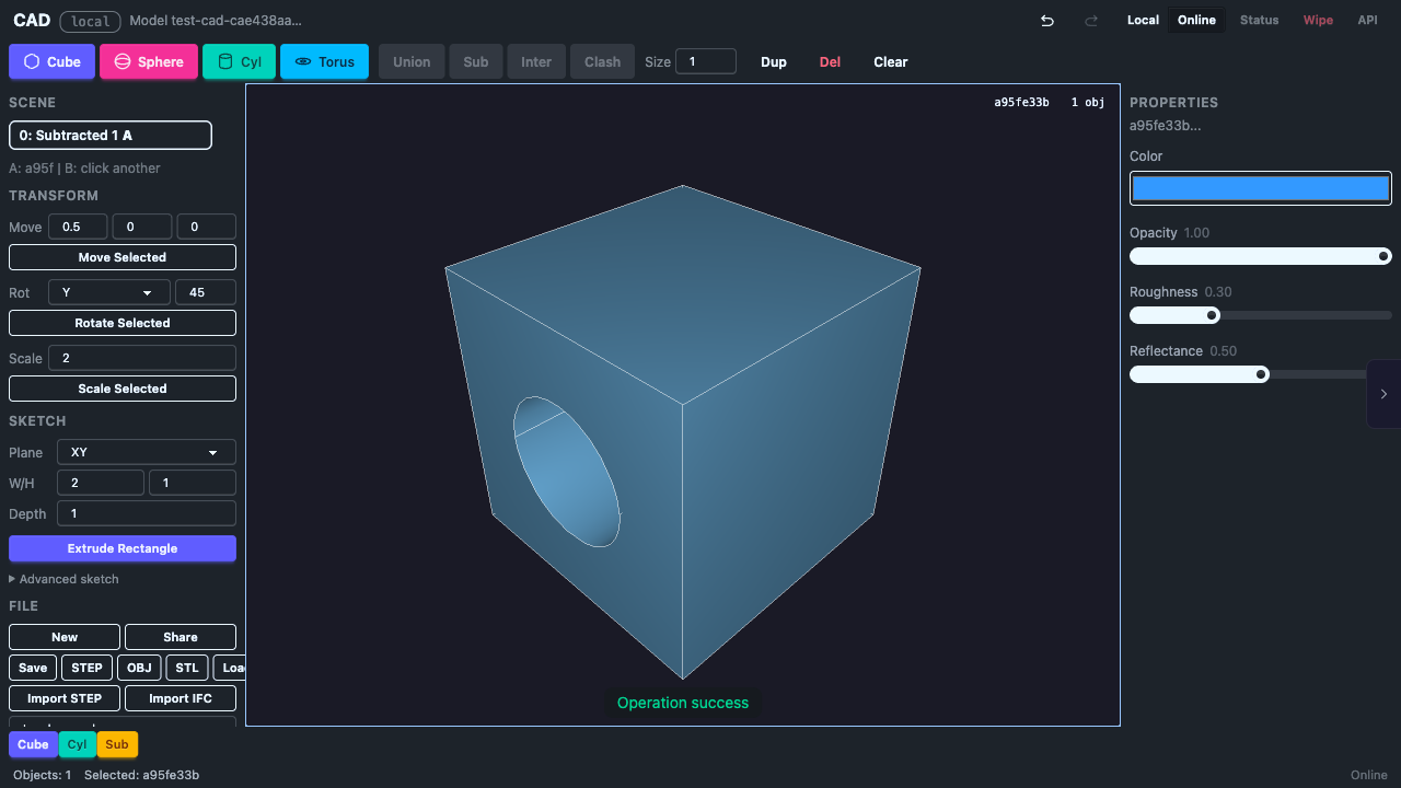 Boolean subtract result — cylinder cut from cube